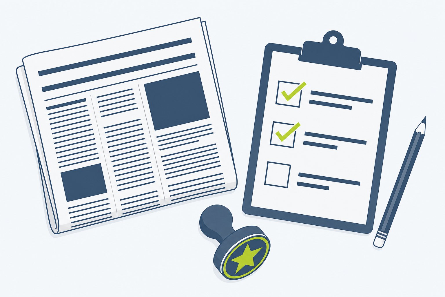 Top-down illustration of a newspaper, a checklist on a clipboard, a pencil and a star stamp