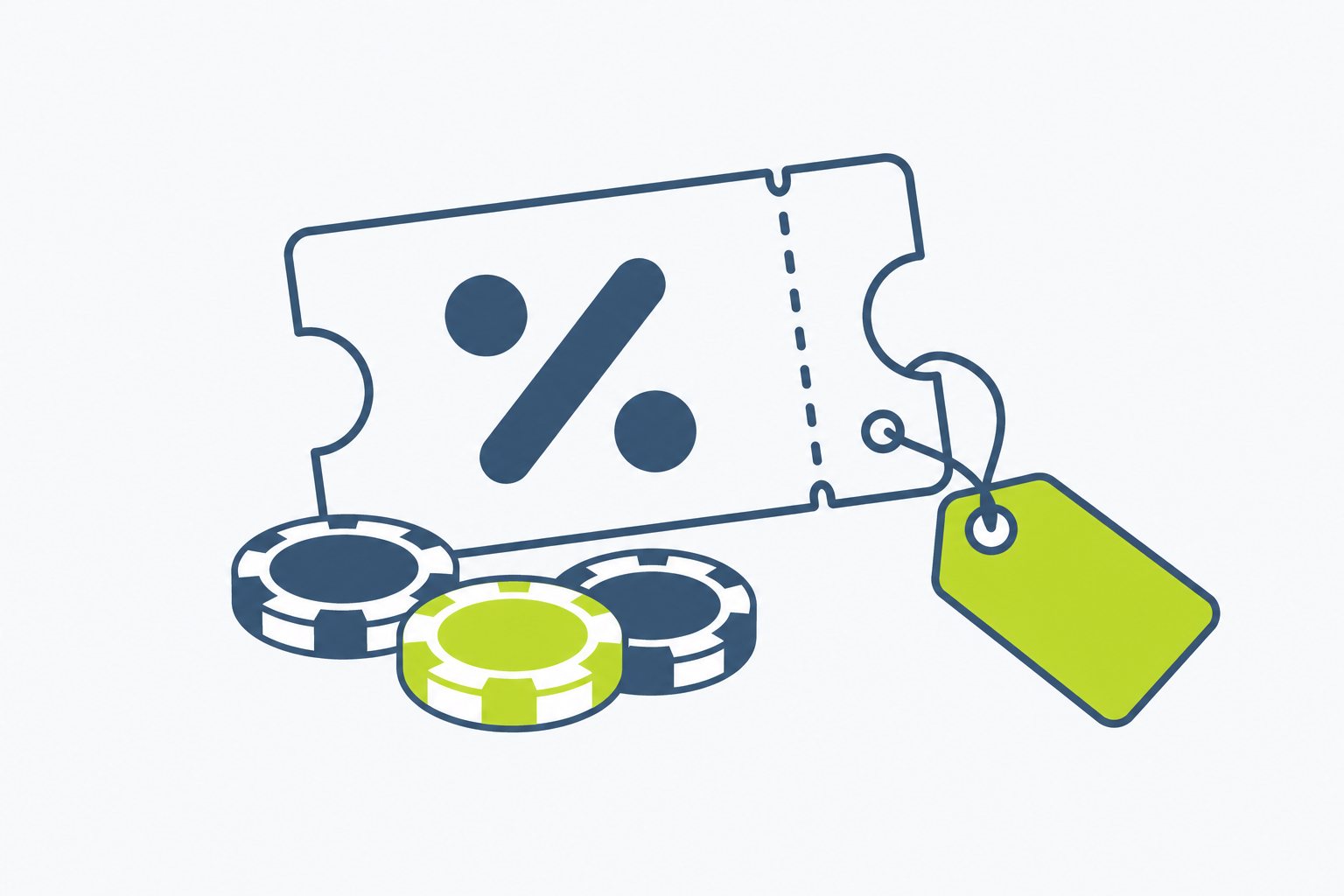 Illustration of a perforated coupon ticket with a percent mark, casino tokens and a tag