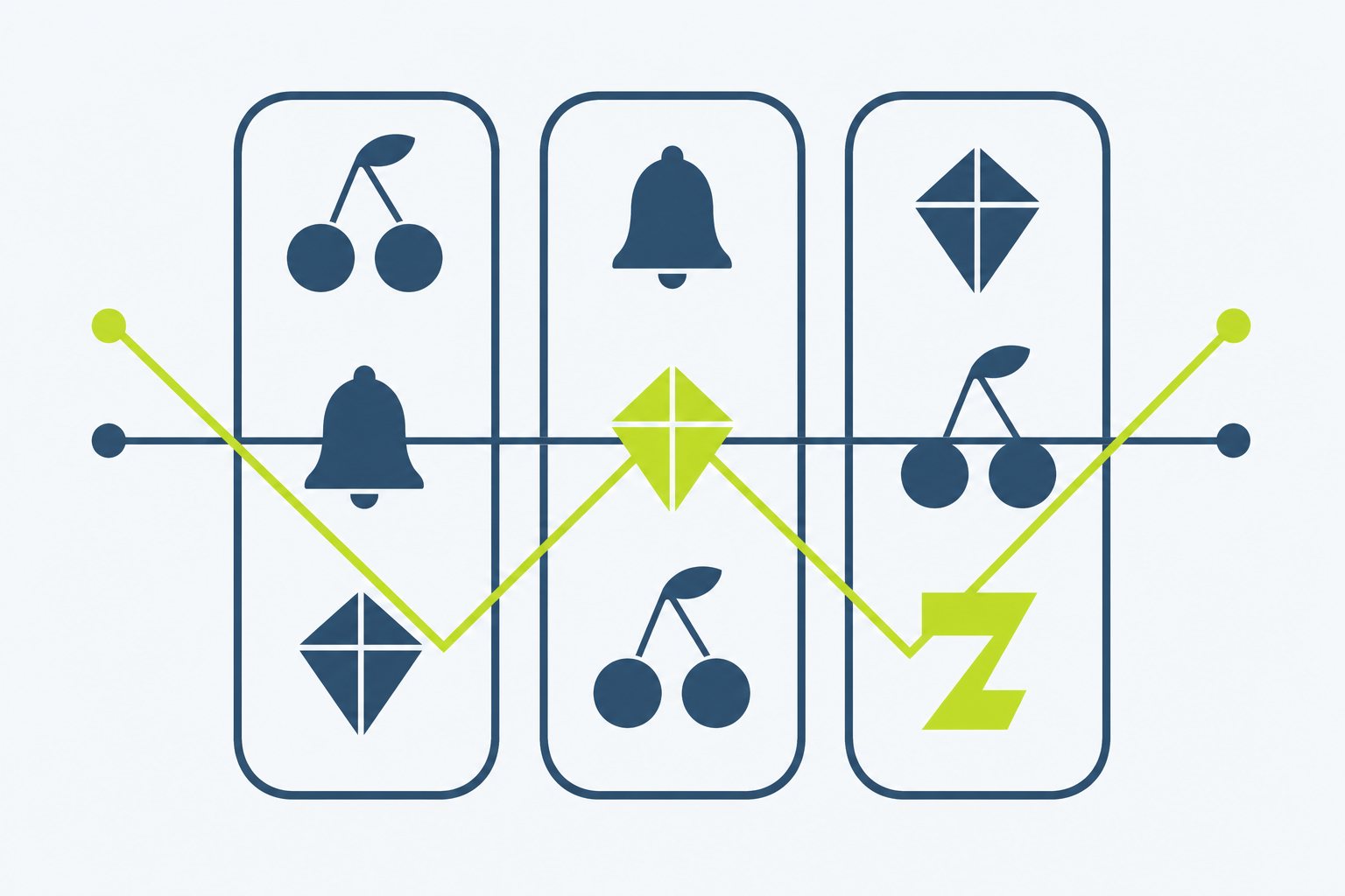 Stylised slot reels with a straight payline and a zigzag payline crossing them