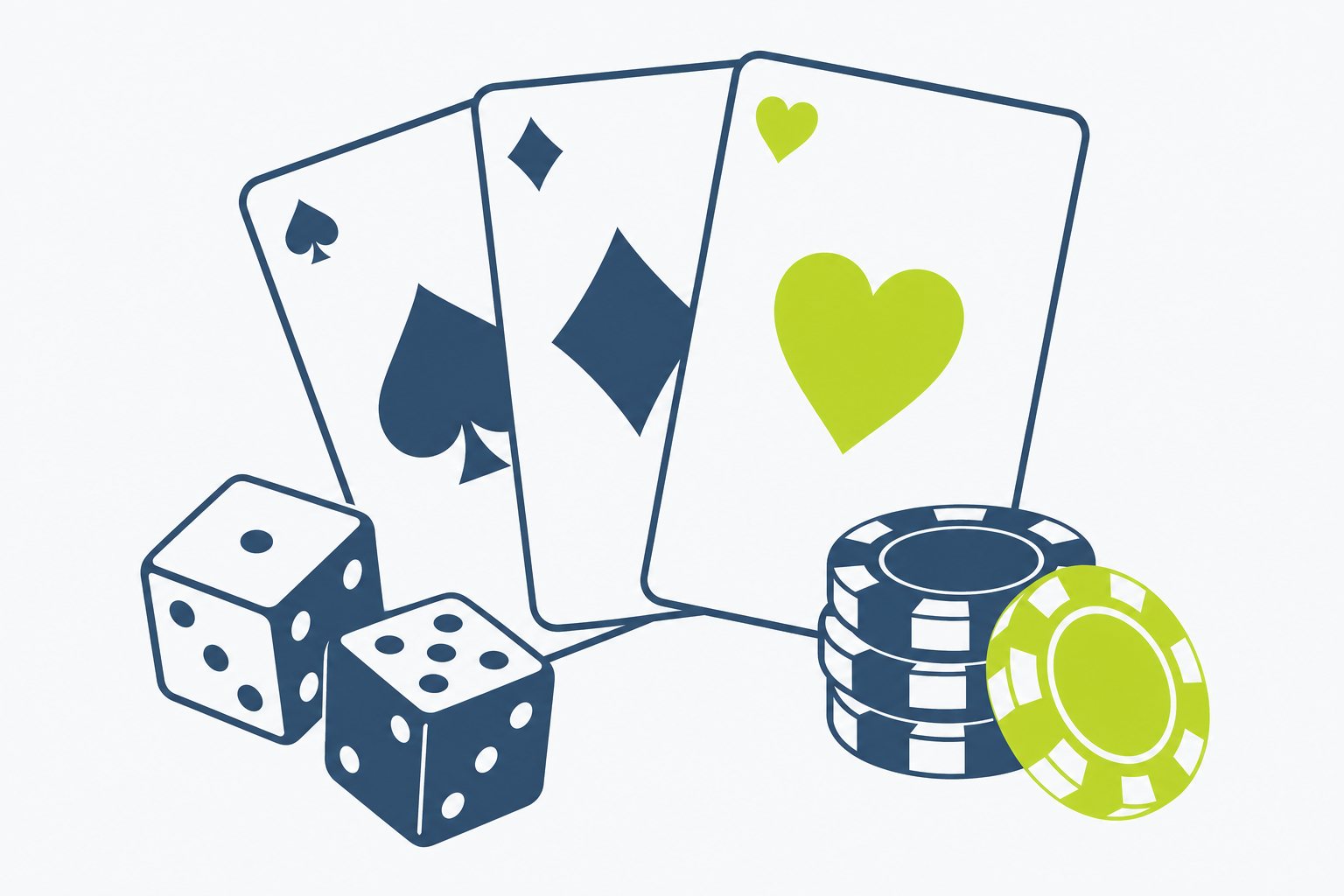 Flat illustration of playing cards, dice and casino chips in slate blue and lime