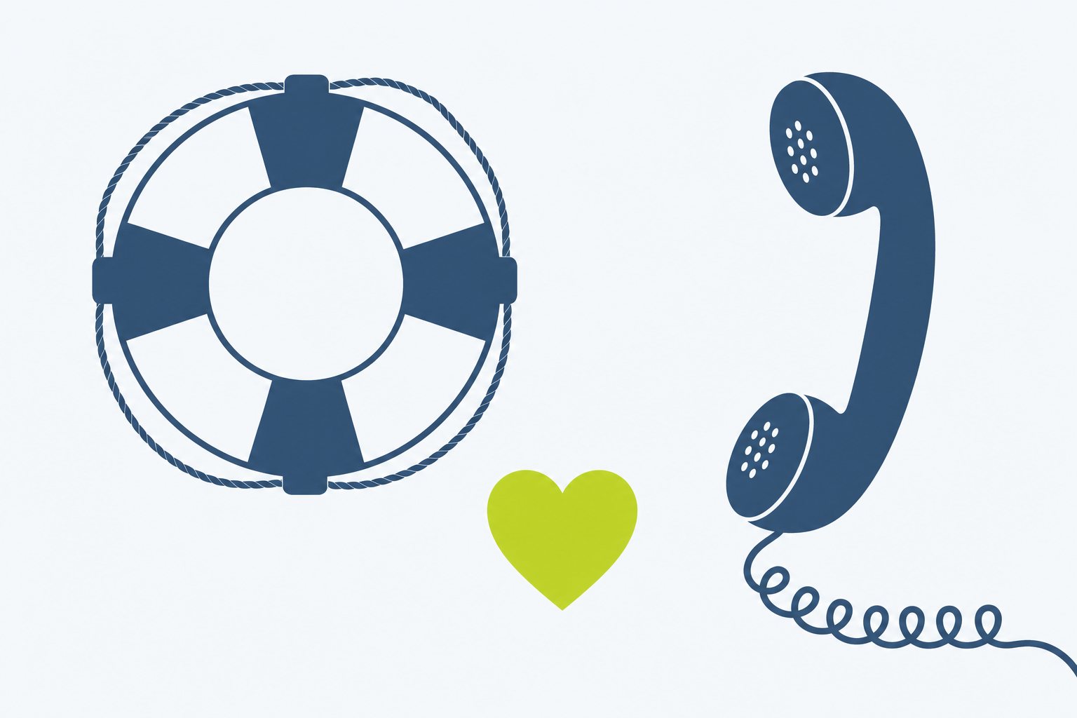 Illustration of a lifebuoy, a telephone handset and a small heart