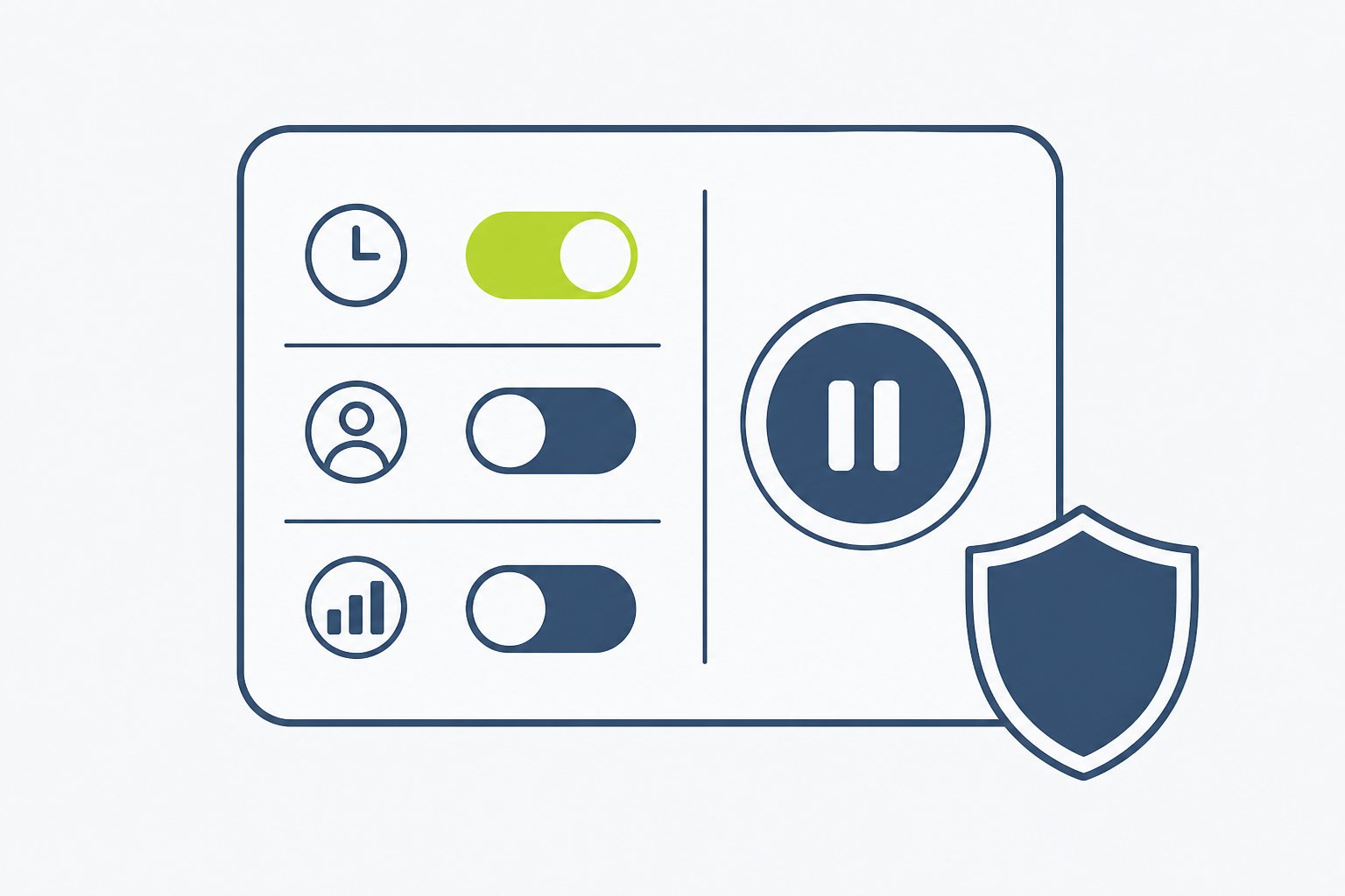 Illustration of a settings panel with toggle switches, a pause button and a shield